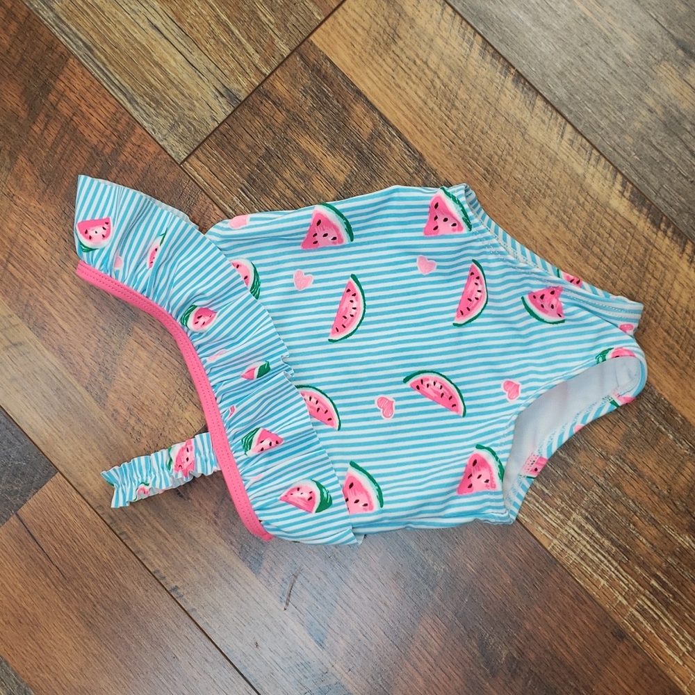 Wonder Nation Blue and Pink Striped Ruffle Swimsuit with Watermelons, Size 18M